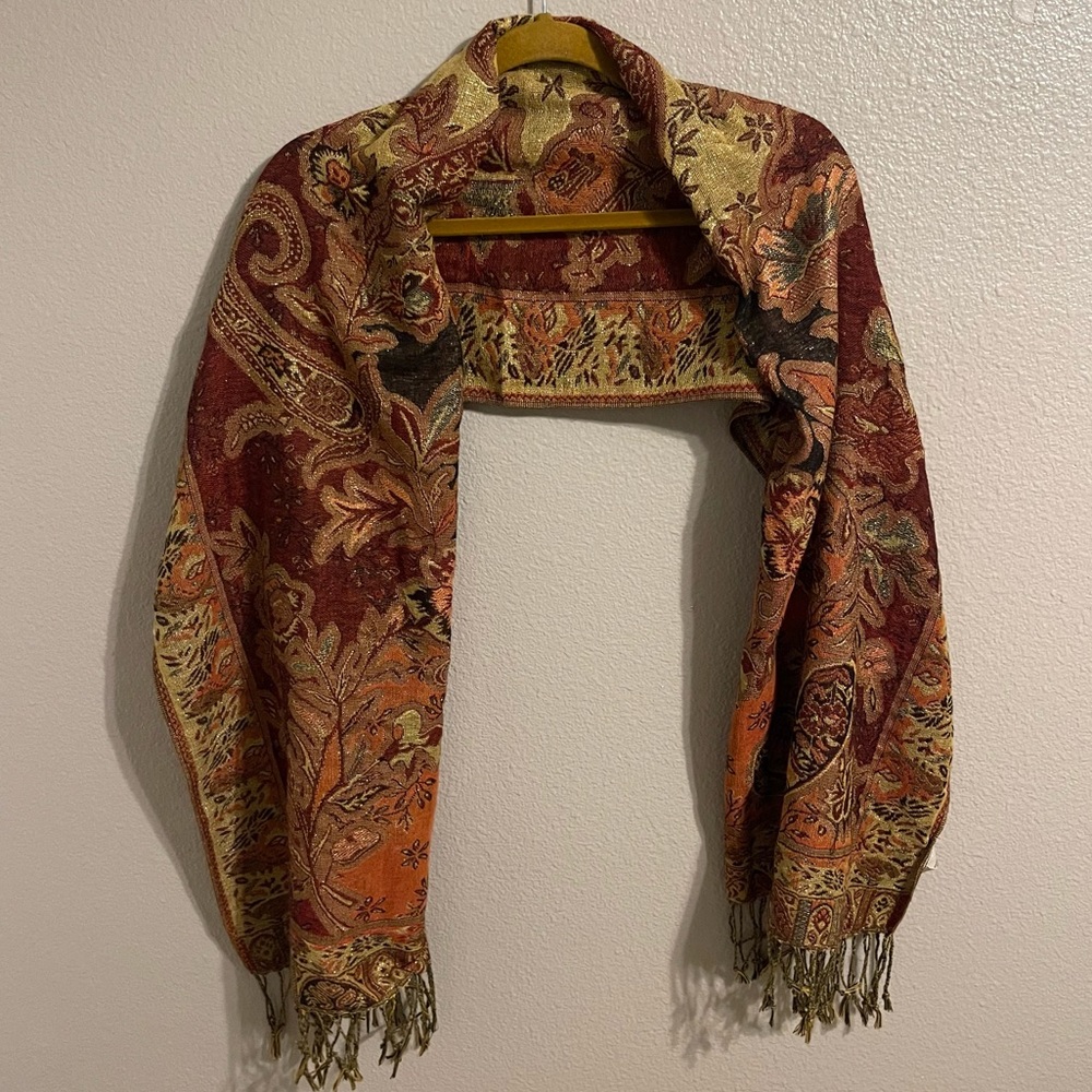 Jacquard fringe shawl Scarf wrap gold and burgundy